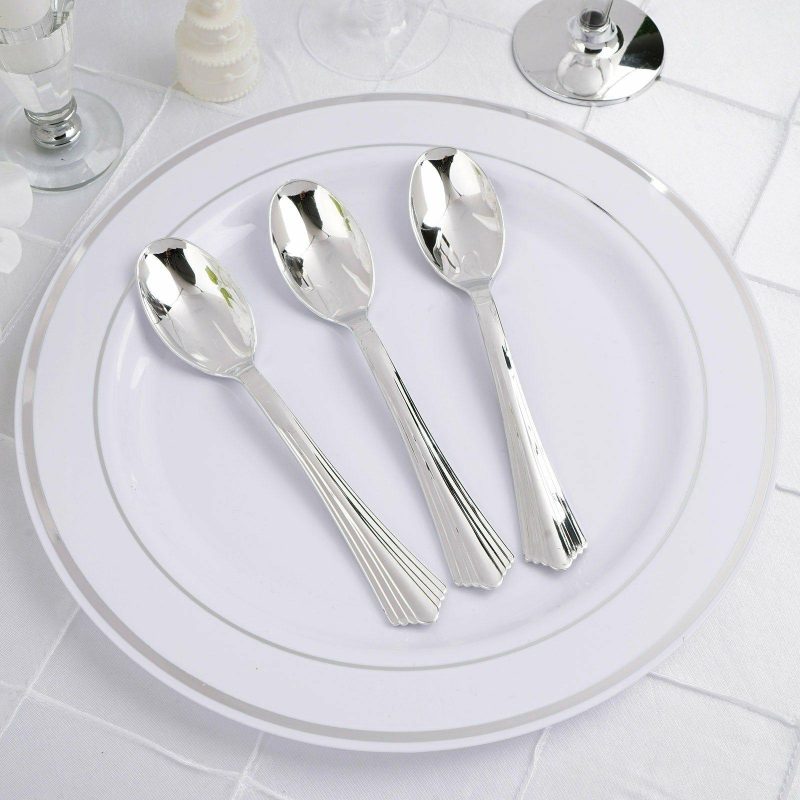 25 Pack Light Silver Heavy Duty Plastic Spoons with Fluted Handles, Disposable Utensils 7″  |   Cutlery Cutlery Cutlery