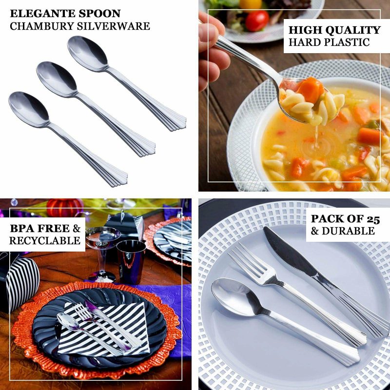 25 Pack Light Silver Heavy Duty Plastic Spoons with Fluted Handles, Disposable Utensils 7″  |   Cutlery Cutlery Cutlery