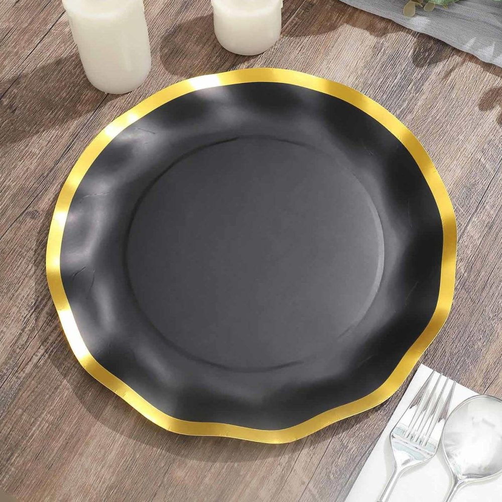 25 Pack Matte Black / Gold Wavy Rim Paper Dinner Plates, Disposable Round Party Plates 350 GSM 10″  |   Eco-Friendly & Paper Plates Disposable Plates Black/Gold