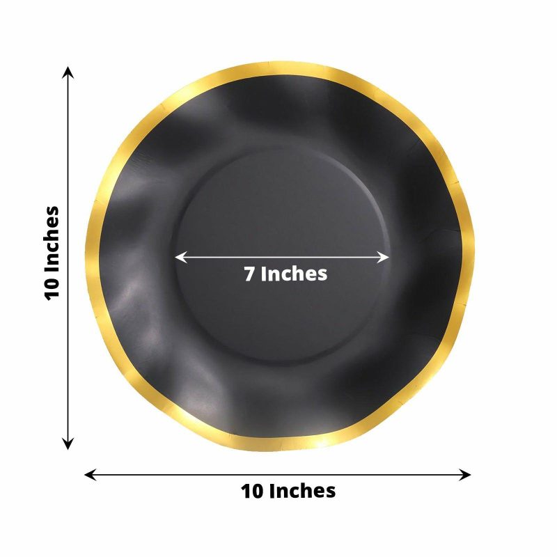 25 Pack Matte Black / Gold Wavy Rim Paper Dinner Plates, Disposable Round Party Plates 350 GSM 10″  |   Eco-Friendly & Paper Plates Disposable Plates Black/Gold