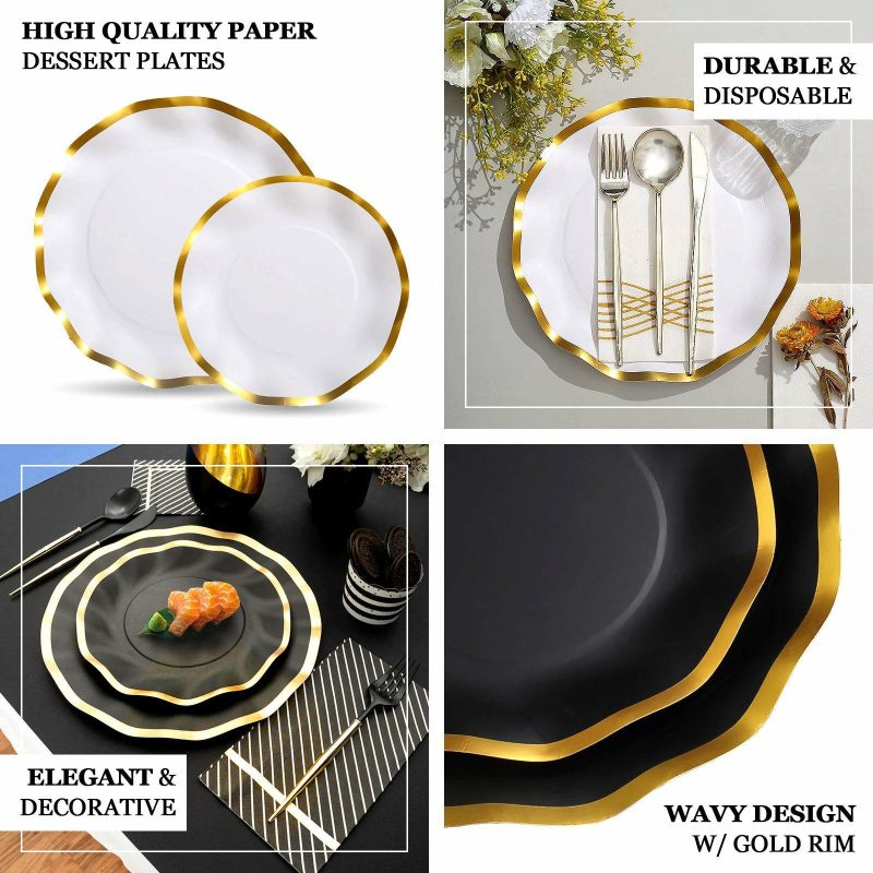 25 Pack Matte Black / Gold Wavy Rim Paper Dinner Plates, Disposable Round Party Plates 350 GSM 10″  |   Eco-Friendly & Paper Plates Disposable Plates Black/Gold