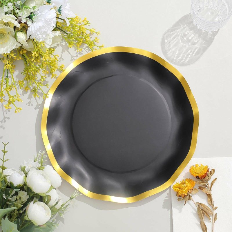 25 Pack Matte Black / Gold Wavy Rim Paper Dinner Plates, Disposable Round Party Plates 350 GSM 10″  |   Eco-Friendly & Paper Plates Disposable Plates Black/Gold