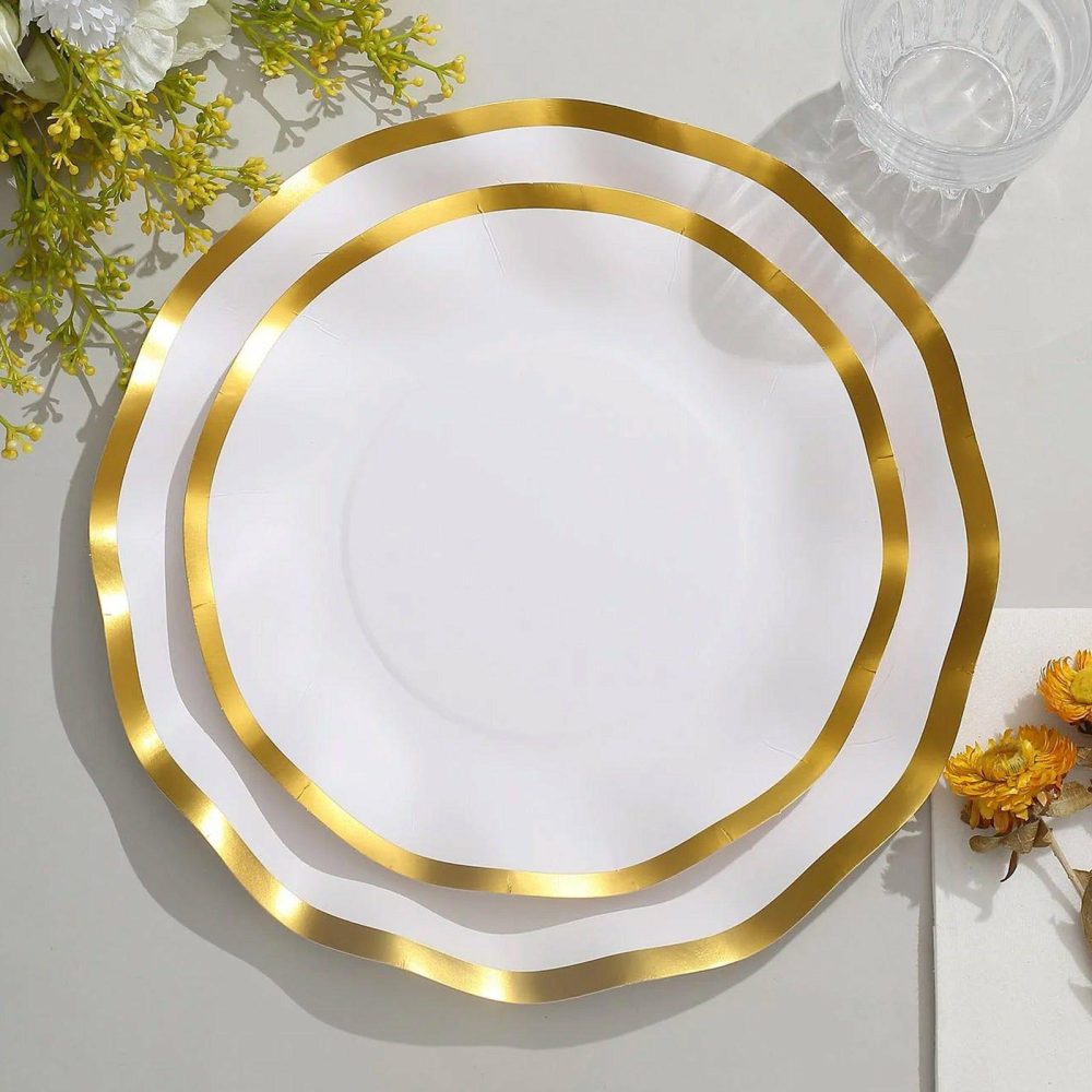 25 Pack Matte White / Gold Wavy Rim Paper Dessert Appetizer Plates, Disposable Round Salad Party Plates 8″  |   Eco-Friendly & Paper Plates Disposable Plates Eco-Friendly & Paper Plates