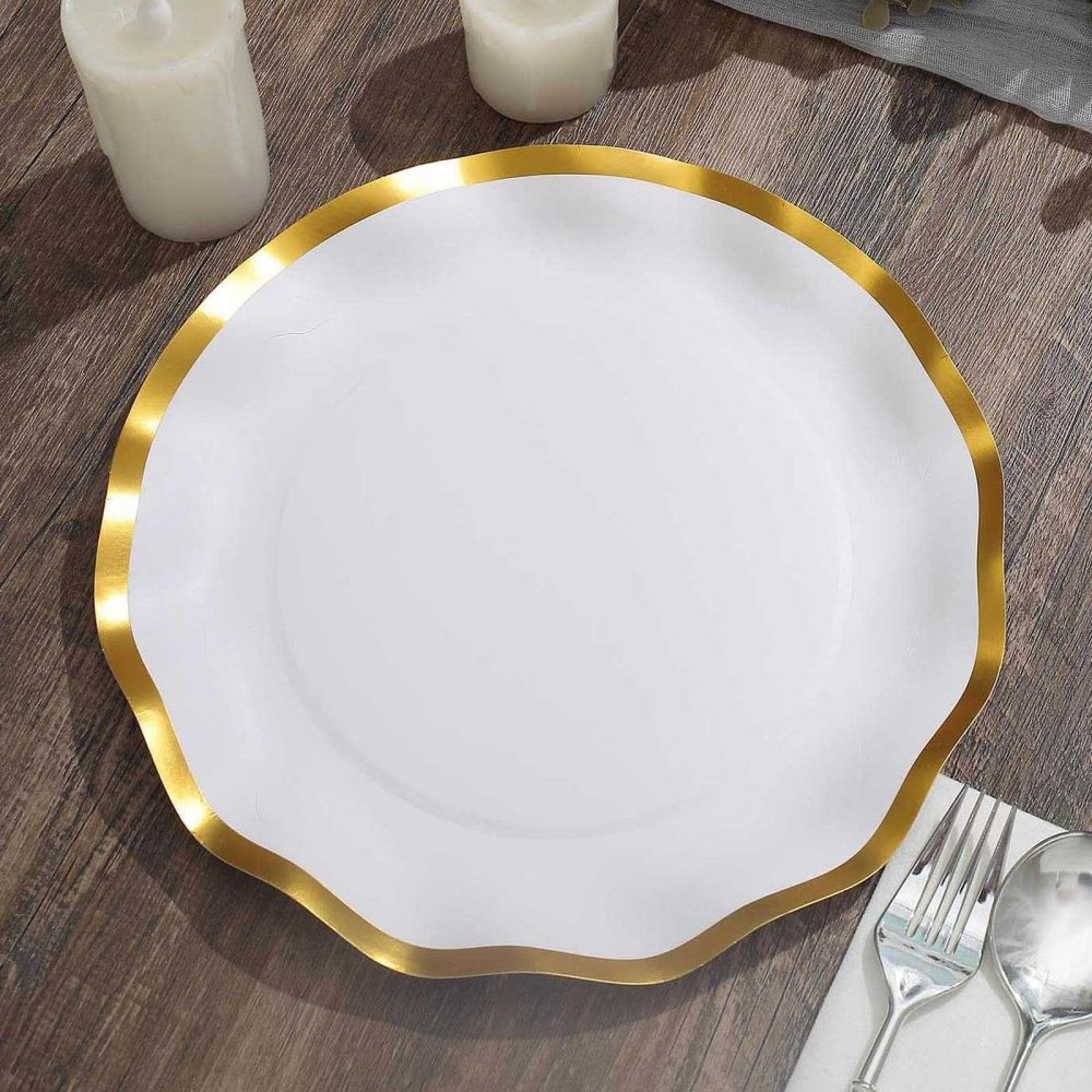 25 Pack Matte White / Gold Wavy Rim Paper Dinner Plates, Disposable Round Party Plates 350 GSM 10″  |   Eco-Friendly & Paper Plates Disposable Plates Eco-Friendly & Paper Plates