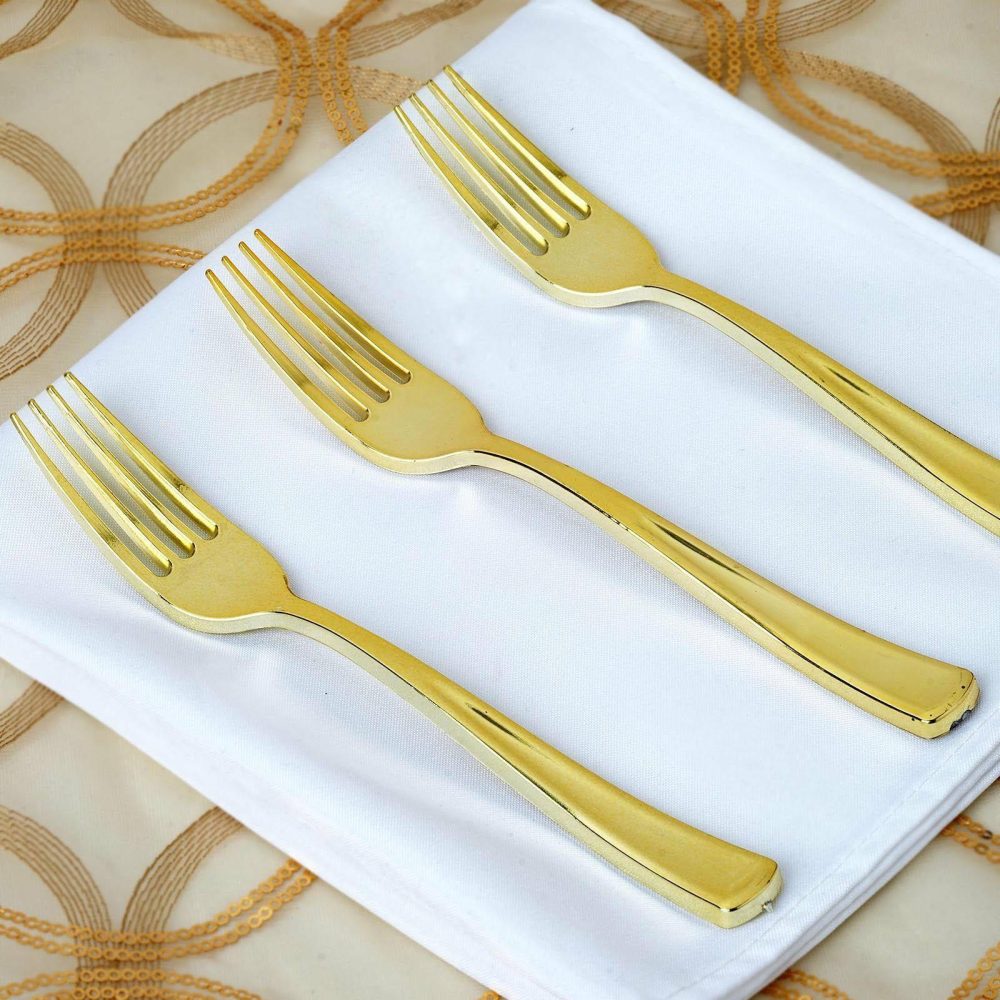 25 Pack Metallic Gold Classic Heavy Duty Plastic Forks, Disposable Utensils 7″  |   Cutlery Cutlery Cutlery