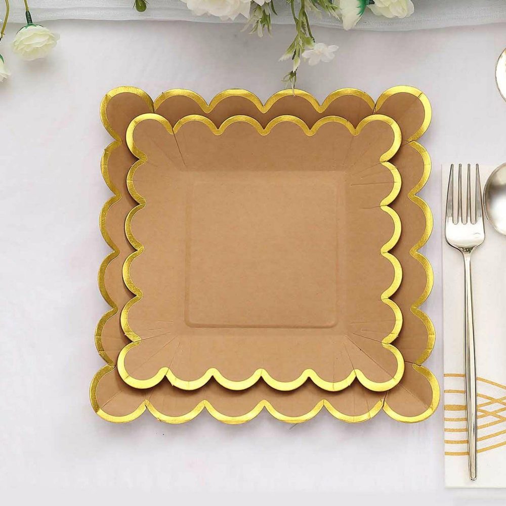 25 Pack Natural Brown Paper Dessert Plates With Gold Scalloped Rim, Disposable Salad Appetizer Party Plates 7″ Square  |   Eco-Friendly & Paper Plates Disposable Plates Eco-Friendly & Paper Plates