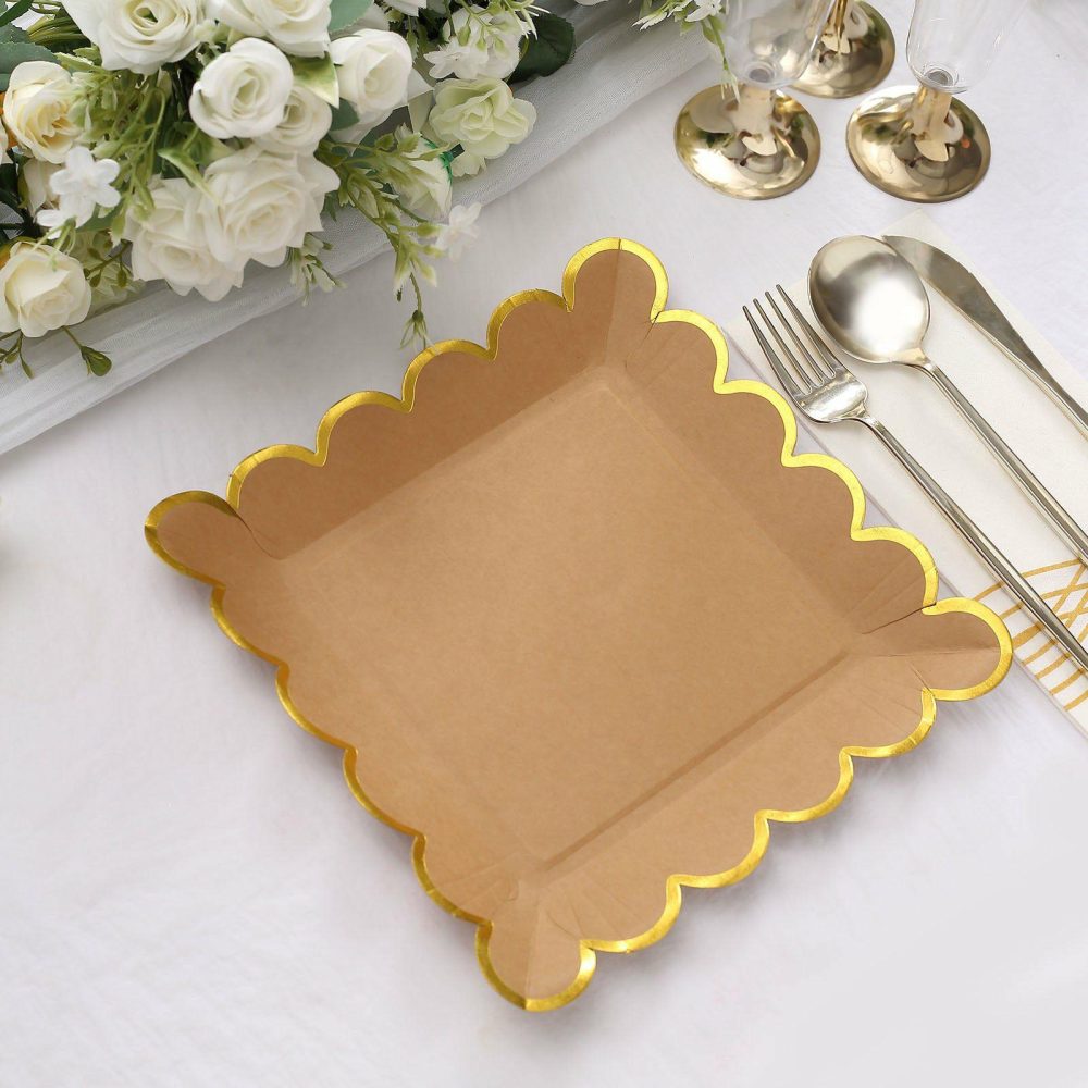 25 Pack Natural Brown Paper Dinner Plates With Gold Scalloped Rim, Disposable Party Plates 9″ Square  |   Eco-Friendly & Paper Plates Disposable Plates Eco-Friendly & Paper Plates