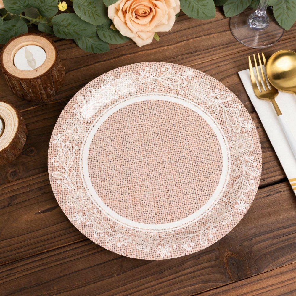 25 Pack Natural Burlap Print Dinner Paper Plates With White Floral Lace Rim, Rustic Farmhouse Style Round Disposable Party Plates 9″  |   Eco-Friendly & Paper Plates Disposable Plates Eco-Friendly & Paper Plates