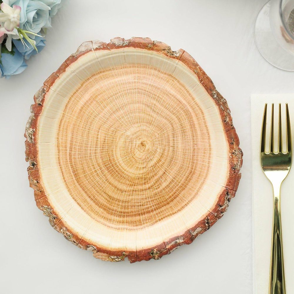 25 Pack Natural Farmhouse Wood Slice Paper Dessert Plates, Rustic Disposable Appetizer Salad Party Plates 7″  |   Eco-Friendly & Paper Plates Disposable Plates Eco-Friendly & Paper Plates