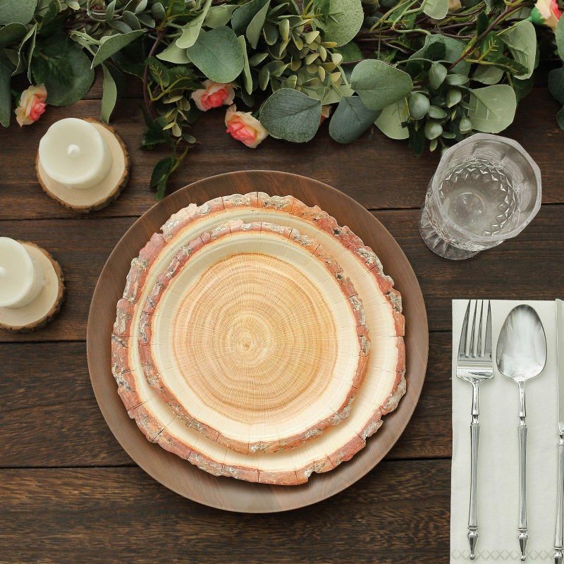 25 Pack Natural Farmhouse Wood Slice Paper Dessert Plates, Rustic Disposable Appetizer Salad Party Plates 7″  |   Eco-Friendly & Paper Plates Disposable Plates Eco-Friendly & Paper Plates