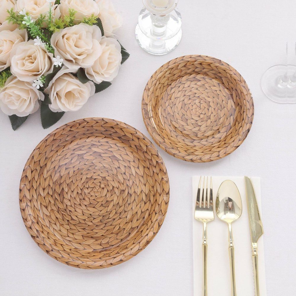 25 Pack Natural Paper Dinner Plates With Woven Rattan Print, 9″ Round Rustic Farmhouse Disposable Party Plates – 300 GSM  |   Eco-Friendly & Paper Plates Disposable Plates Eco-Friendly & Paper Plates