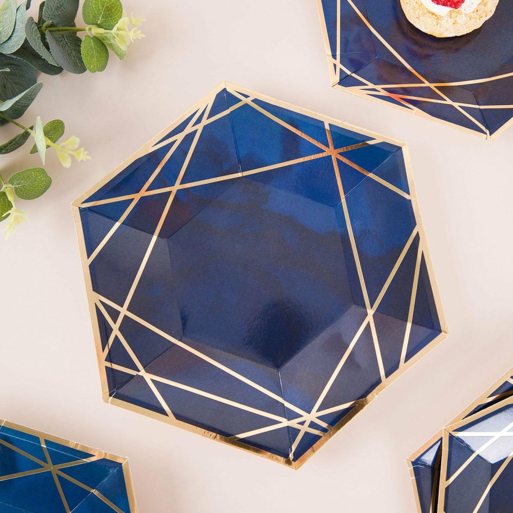 25 Pack Navy Blue / Gold Hexagon Dinner Paper Plates, Geometric Disposable Party Plates 300 GSM 9″  |   Eco-Friendly & Paper Plates Disposable Plates Eco-Friendly & Paper Plates