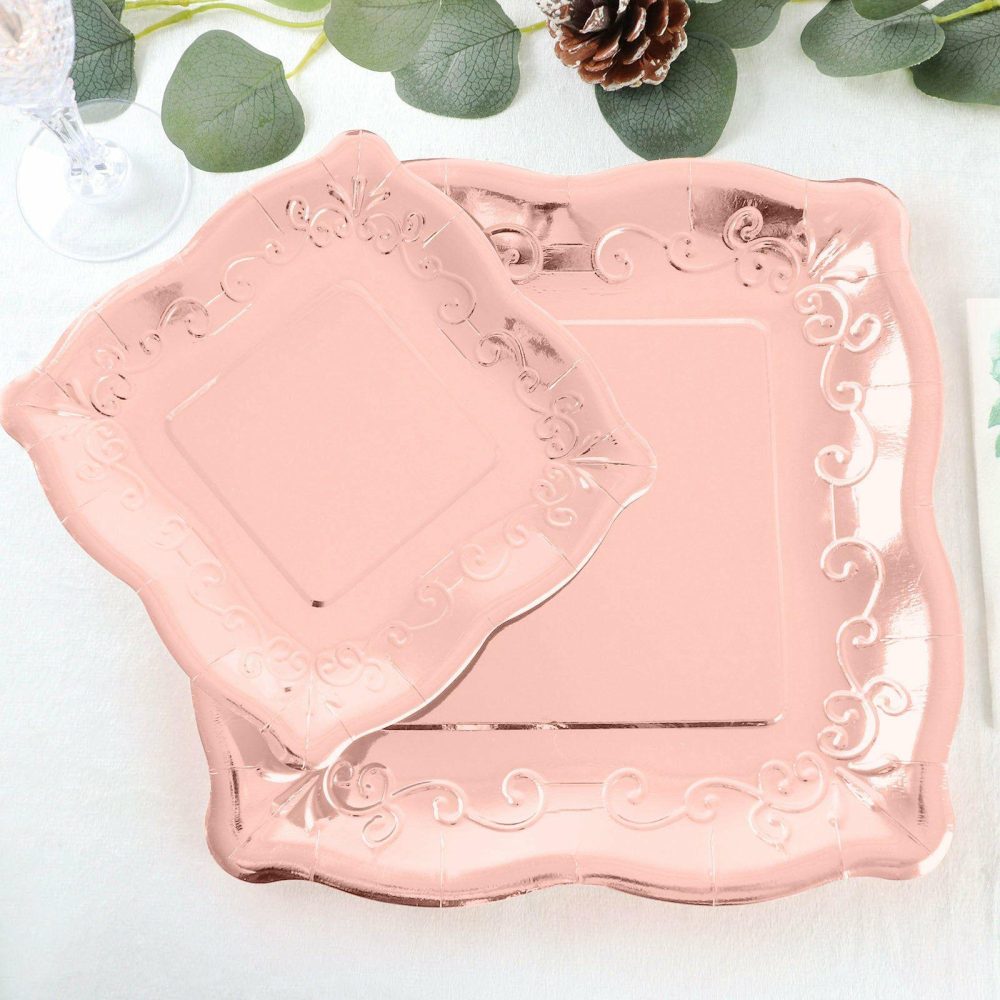 25 Pack Rose Gold Square Vintage Appetizer Dessert Paper Plates, Shiny Metallic Disposable Pottery Embossed Party Plates With Scroll Design Edge 350 GSM 7″  |   Eco-Friendly & Paper Plates Disposable Plates Eco-Friendly & Paper Plates