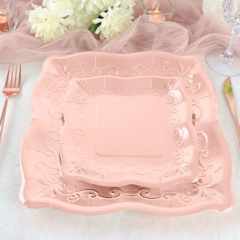 25 Pack Rose Gold Square Vintage Appetizer Dessert Paper Plates, Shiny Metallic Disposable Pottery Embossed Party Plates With Scroll Design Edge 350 GSM 7″  |   Eco-Friendly & Paper Plates Disposable Plates Eco-Friendly & Paper Plates