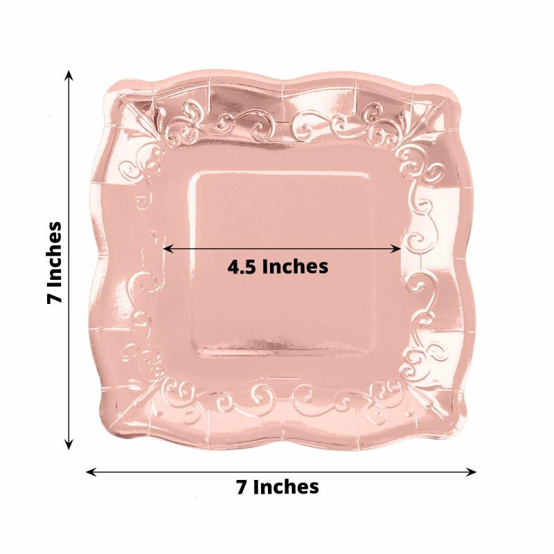 25 Pack Rose Gold Square Vintage Appetizer Dessert Paper Plates, Shiny Metallic Disposable Pottery Embossed Party Plates With Scroll Design Edge 350 GSM 7″  |   Eco-Friendly & Paper Plates Disposable Plates Eco-Friendly & Paper Plates