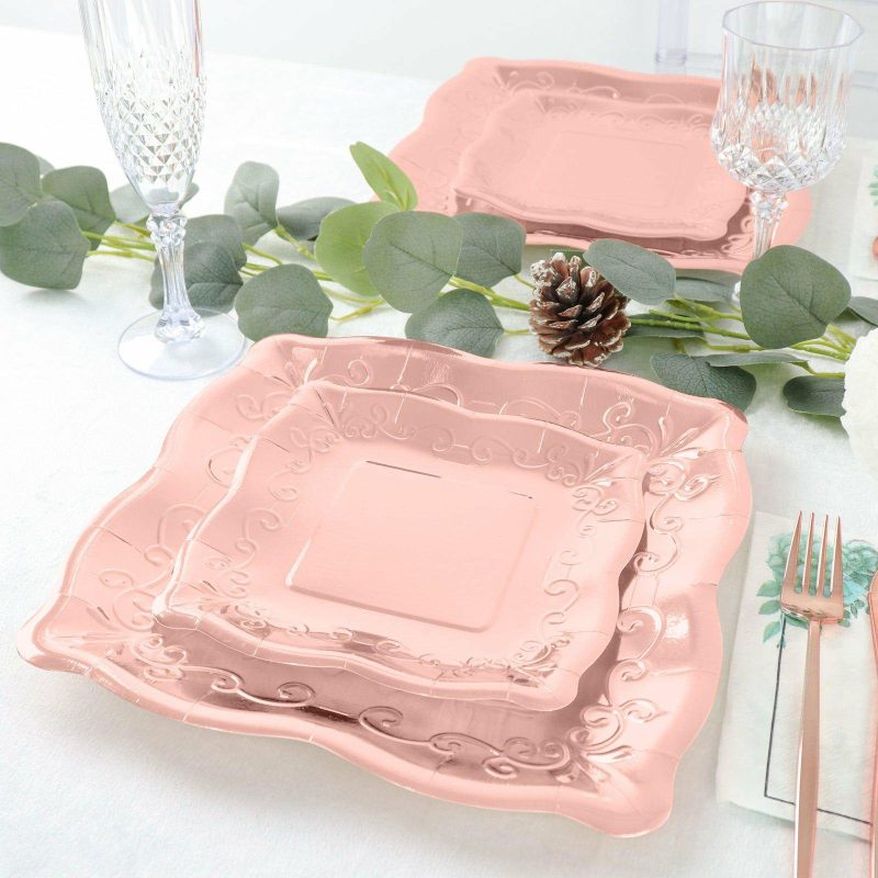 25 Pack Rose Gold Square Vintage Appetizer Dessert Paper Plates, Shiny Metallic Disposable Pottery Embossed Party Plates With Scroll Design Edge 350 GSM 7″  |   Eco-Friendly & Paper Plates Disposable Plates Eco-Friendly & Paper Plates