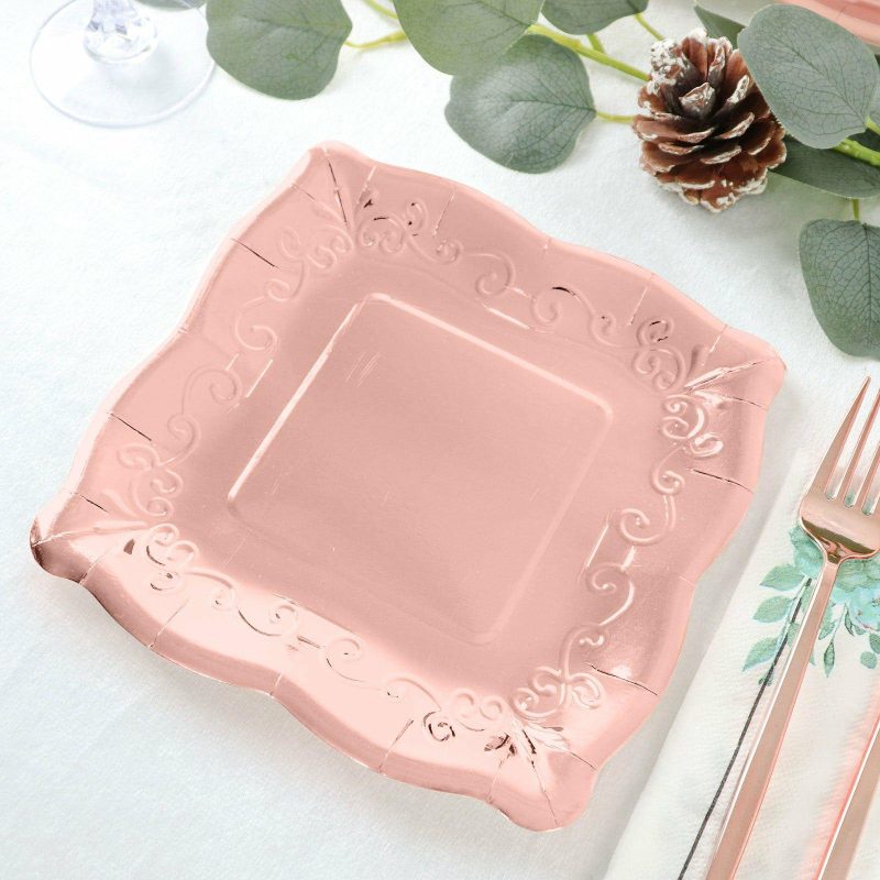 25 Pack Rose Gold Square Vintage Appetizer Dessert Paper Plates, Shiny Metallic Disposable Pottery Embossed Party Plates With Scroll Design Edge 350 GSM 7″  |   Eco-Friendly & Paper Plates Disposable Plates Eco-Friendly & Paper Plates