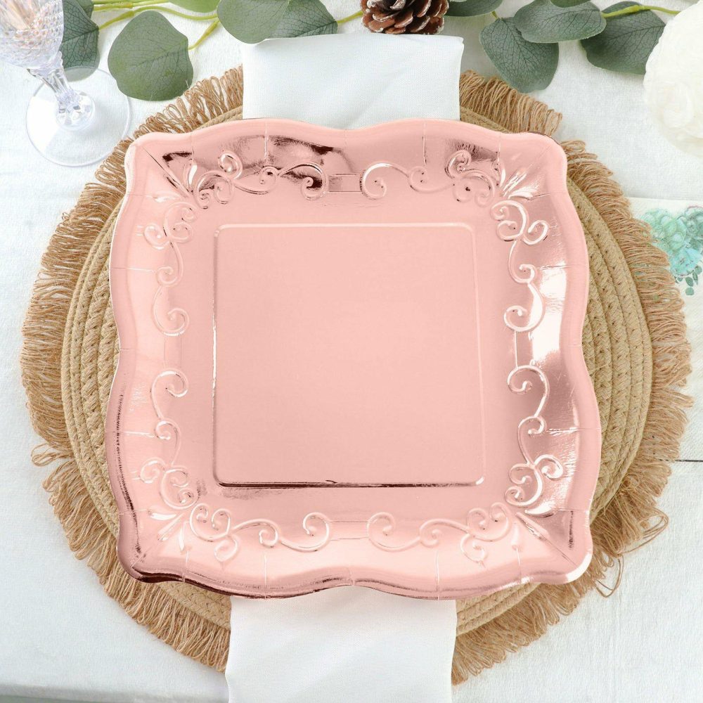 25 Pack Rose Gold Square Vintage Dinner Serving Paper Plates, Shiny Metallic Disposable Pottery Embossed Party Plates With Scroll Design Edge 350 GSM 11″  |   Eco-Friendly & Paper Plates Disposable Plates Eco-Friendly & Paper Plates