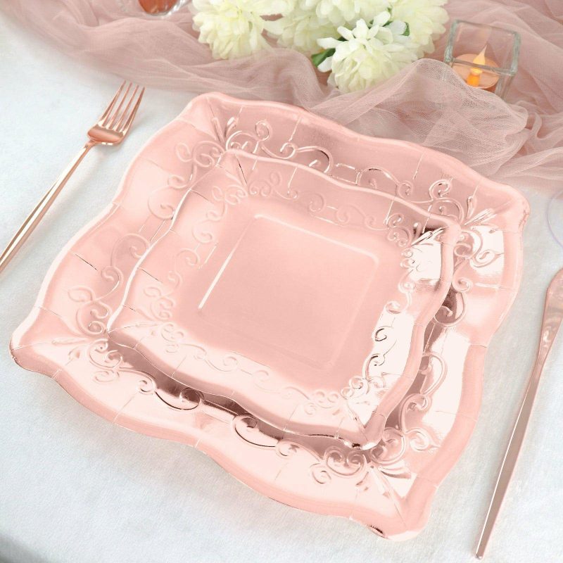 25 Pack Rose Gold Square Vintage Dinner Serving Paper Plates, Shiny Metallic Disposable Pottery Embossed Party Plates With Scroll Design Edge 350 GSM 11″  |   Eco-Friendly & Paper Plates Disposable Plates Eco-Friendly & Paper Plates