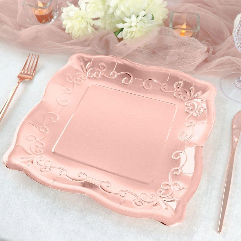 25 Pack Rose Gold Square Vintage Dinner Serving Paper Plates, Shiny Metallic Disposable Pottery Embossed Party Plates With Scroll Design Edge 350 GSM 11″  |   Eco-Friendly & Paper Plates Disposable Plates Eco-Friendly & Paper Plates