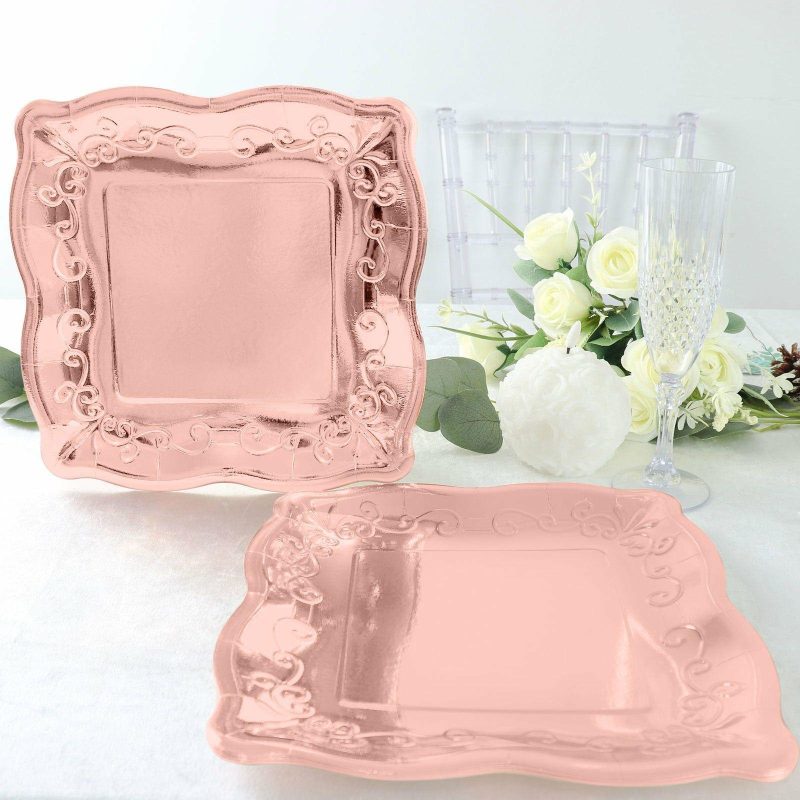 25 Pack Rose Gold Square Vintage Dinner Serving Paper Plates, Shiny Metallic Disposable Pottery Embossed Party Plates With Scroll Design Edge 350 GSM 11″  |   Eco-Friendly & Paper Plates Disposable Plates Eco-Friendly & Paper Plates