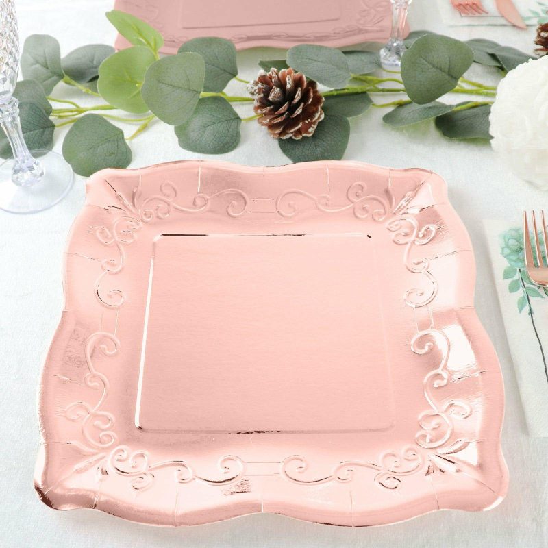 25 Pack Rose Gold Square Vintage Dinner Serving Paper Plates, Shiny Metallic Disposable Pottery Embossed Party Plates With Scroll Design Edge 350 GSM 11″  |   Eco-Friendly & Paper Plates Disposable Plates Eco-Friendly & Paper Plates