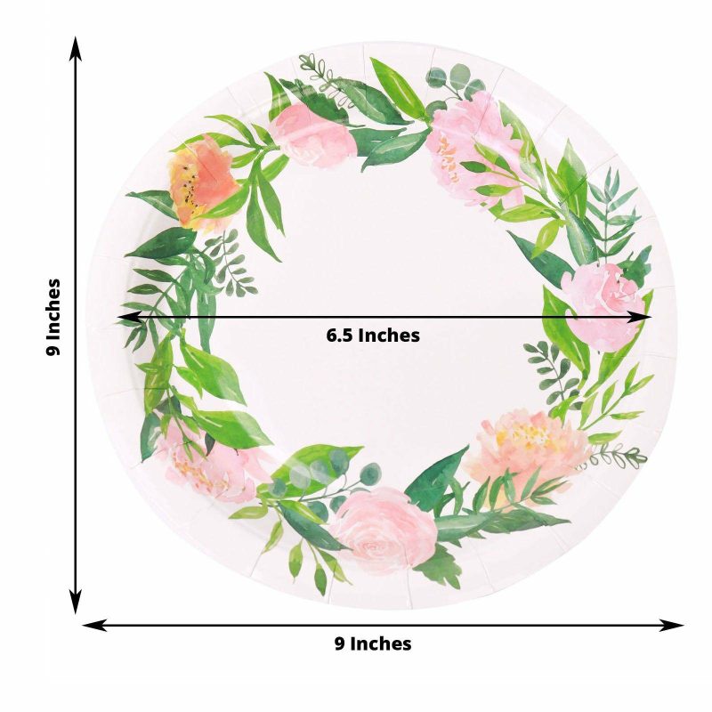 25 Pack Rose/Peony Flower Wreath Dinner Paper Plates, Disposable Party Plates 9″  |   Eco-Friendly & Paper Plates Disposable Plates Eco-Friendly & Paper Plates