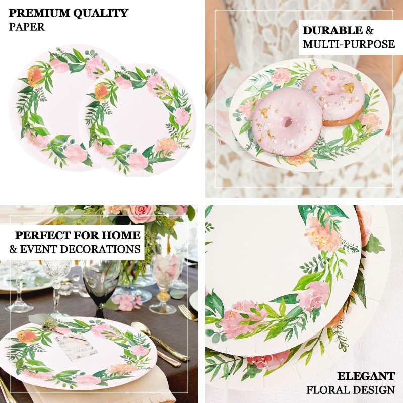 25 Pack Rose/Peony Flower Wreath Dinner Paper Plates, Disposable Party Plates 9″  |   Eco-Friendly & Paper Plates Disposable Plates Eco-Friendly & Paper Plates