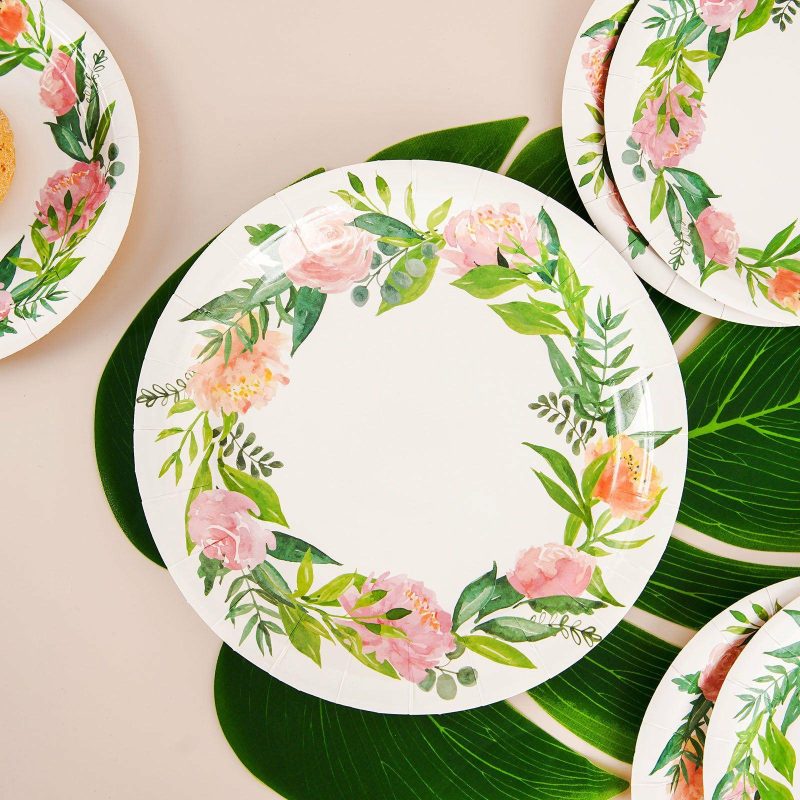 25 Pack Rose/Peony Flower Wreath Dinner Paper Plates, Disposable Party Plates 9″  |   Eco-Friendly & Paper Plates Disposable Plates Eco-Friendly & Paper Plates