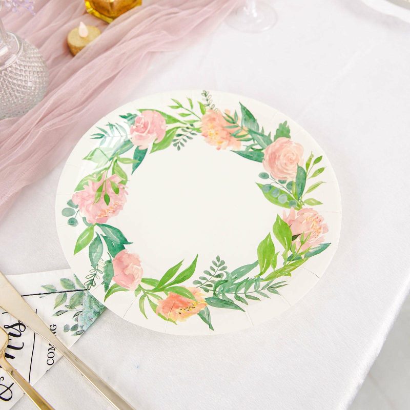 25 Pack Rose/Peony Flower Wreath Dinner Paper Plates, Disposable Party Plates 9″  |   Eco-Friendly & Paper Plates Disposable Plates Eco-Friendly & Paper Plates