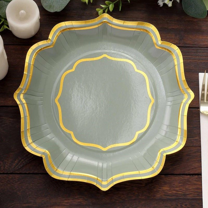 25 Pack Sage Green Dinner Paper Plates With Scalloped Gold Rim, 10″ Disposable Party Plates – 300 GSM  |   Eco-Friendly & Paper Plates Disposable Plates Eco-Friendly & Paper Plates