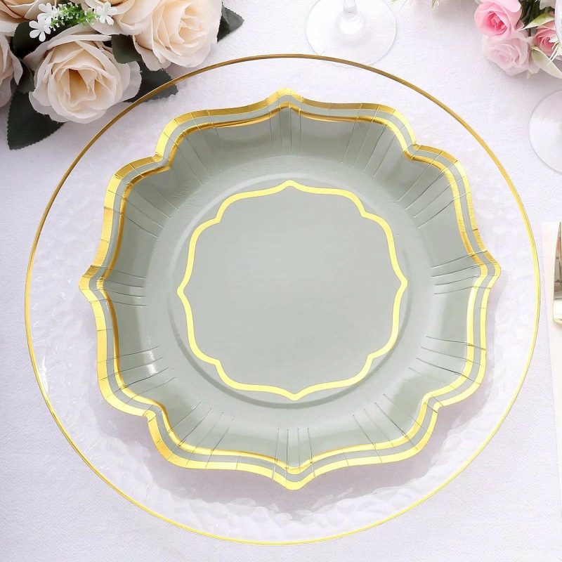 25 Pack Sage Green Dinner Paper Plates With Scalloped Gold Rim, 10″ Disposable Party Plates – 300 GSM  |   Eco-Friendly & Paper Plates Disposable Plates Eco-Friendly & Paper Plates