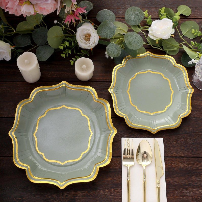 25 Pack Sage Green Dinner Paper Plates With Scalloped Gold Rim, 10″ Disposable Party Plates – 300 GSM  |   Eco-Friendly & Paper Plates Disposable Plates Eco-Friendly & Paper Plates