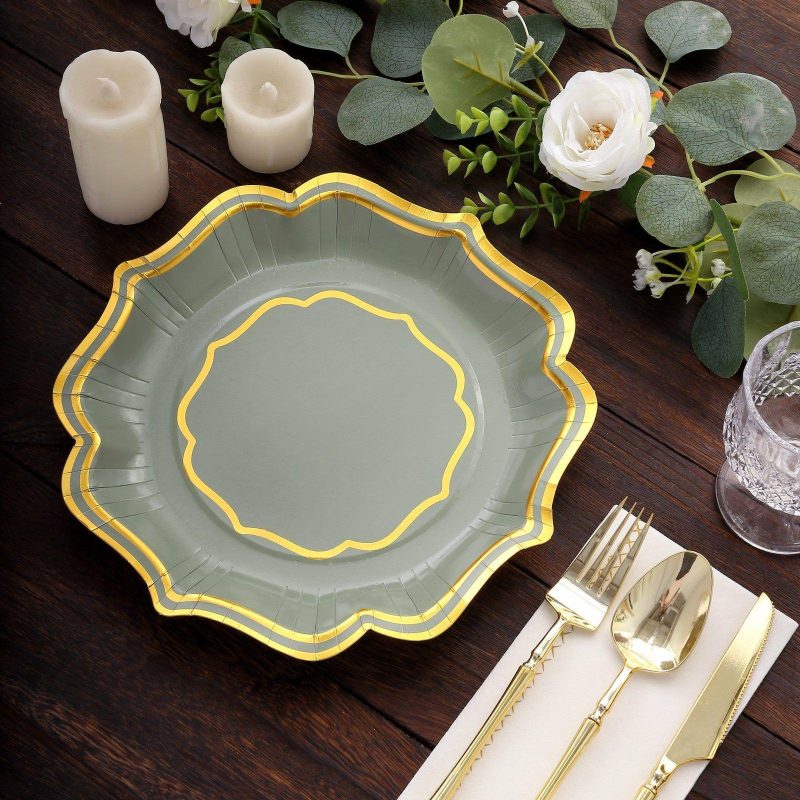 25 Pack Sage Green Dinner Paper Plates With Scalloped Gold Rim, 10″ Disposable Party Plates – 300 GSM  |   Eco-Friendly & Paper Plates Disposable Plates Eco-Friendly & Paper Plates