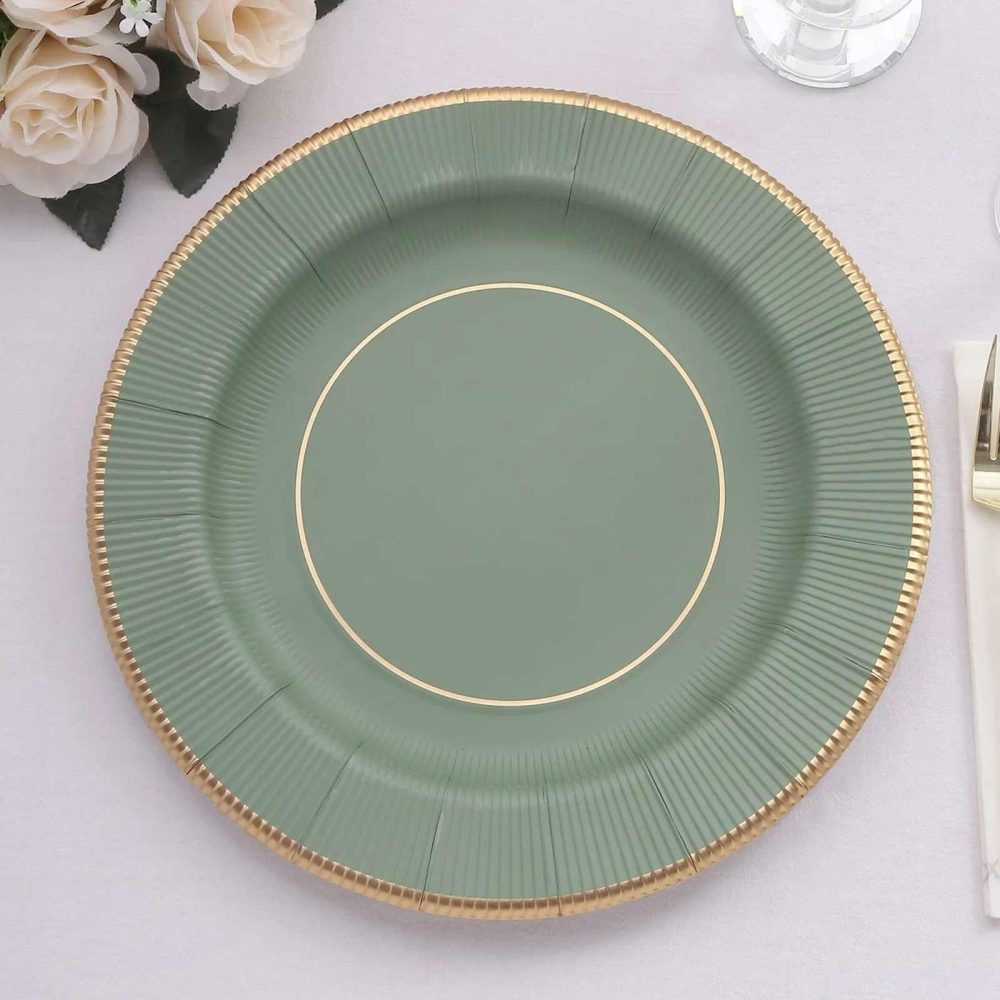 25 Pack Sage Green Sunray Disposable Serving Plates with Gold Rim, 13″ Round Heavy Duty Paper Charger Plates – 350 GSM  |   Eco-Friendly & Paper Plates Disposable Plates Eco-Friendly & Paper Plates