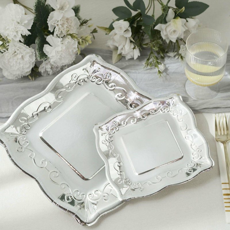 25 Pack Silver Square Vintage Appetizer Dessert Paper Plates, Shiny Metallic Disposable Pottery Embossed Party Plates With Scroll Design Edge 350 GSM 7″  |   Eco-Friendly & Paper Plates Disposable Plates Eco-Friendly & Paper Plates