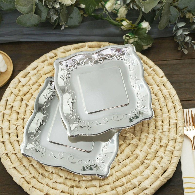 25 Pack Silver Square Vintage Appetizer Dessert Paper Plates, Shiny Metallic Disposable Pottery Embossed Party Plates With Scroll Design Edge 350 GSM 7″  |   Eco-Friendly & Paper Plates Disposable Plates Eco-Friendly & Paper Plates