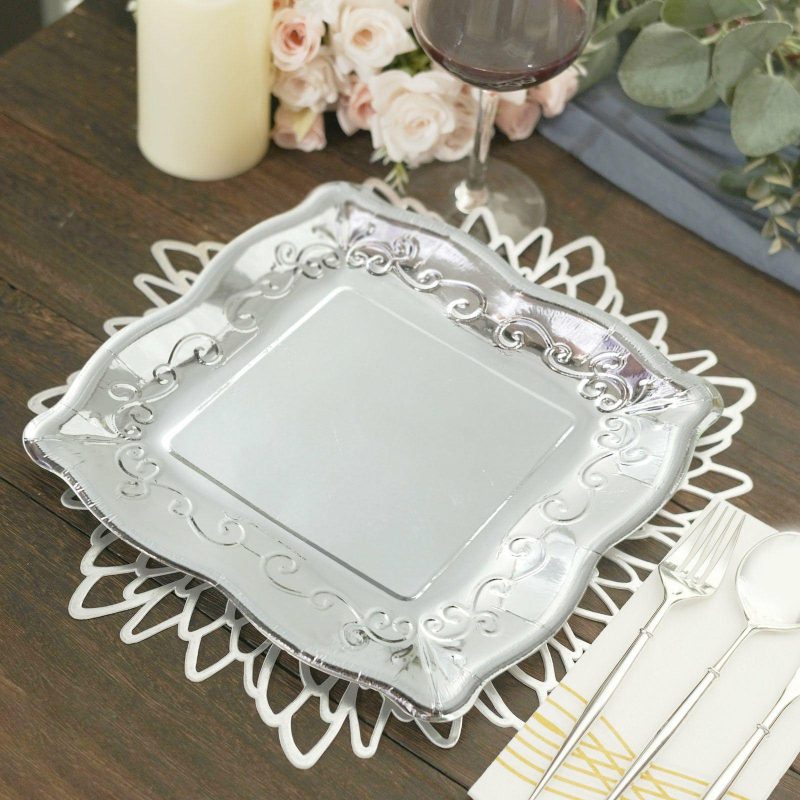 25 Pack Silver Square Vintage Dinner Serving Paper Plates, Shiny Metallic Disposable Pottery Embossed Party Plates With Scroll Design Edge 350 GSM 11″  |   Eco-Friendly & Paper Plates Disposable Plates Eco-Friendly & Paper Plates