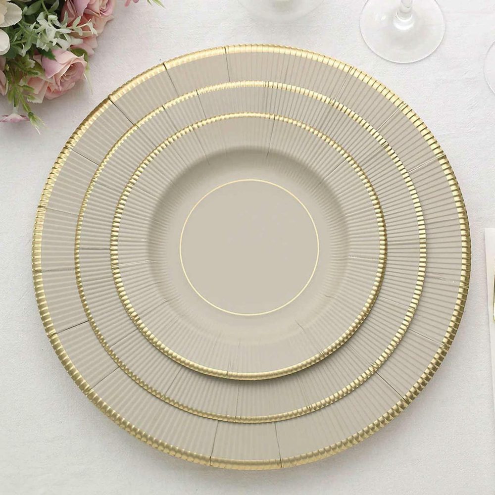 25 Pack Taupe Gold Rim Sunray Heavy Duty Paper Dessert Plates, Disposable Appetizer Salad Plates 350 GSM 8″  |   Eco-Friendly & Paper Plates Disposable Plates Eco-Friendly & Paper Plates