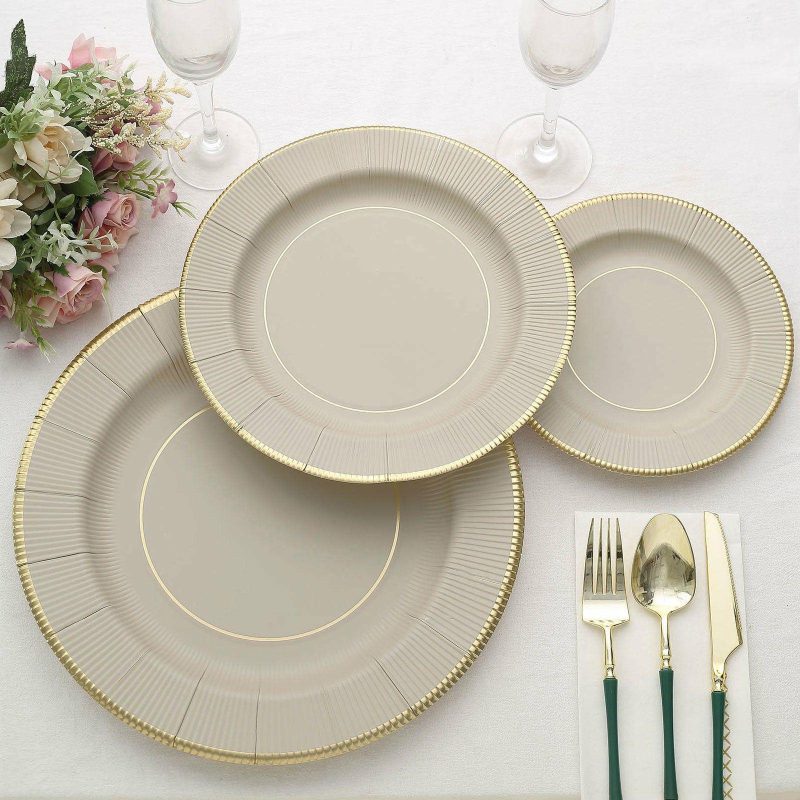 25 Pack Taupe Gold Rim Sunray Heavy Duty Paper Dessert Plates, Disposable Appetizer Salad Plates 350 GSM 8″  |   Eco-Friendly & Paper Plates Disposable Plates Eco-Friendly & Paper Plates