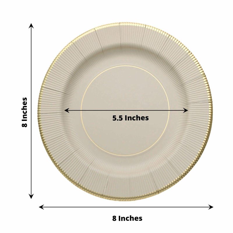 25 Pack Taupe Gold Rim Sunray Heavy Duty Paper Dessert Plates, Disposable Appetizer Salad Plates 350 GSM 8″  |   Eco-Friendly & Paper Plates Disposable Plates Eco-Friendly & Paper Plates