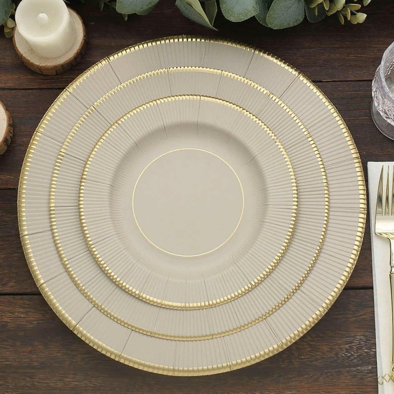 25 Pack Taupe Gold Rim Sunray Heavy Duty Paper Dessert Plates, Disposable Appetizer Salad Plates 350 GSM 8″  |   Eco-Friendly & Paper Plates Disposable Plates Eco-Friendly & Paper Plates