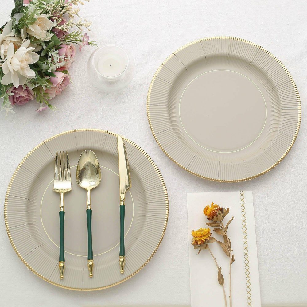 25 Pack Taupe Gold Rim Sunray Heavy Duty Paper Dinner Plates, Disposable Party Plates 350 GSM 10″  |   Eco-Friendly & Paper Plates Disposable Plates Eco-Friendly & Paper Plates