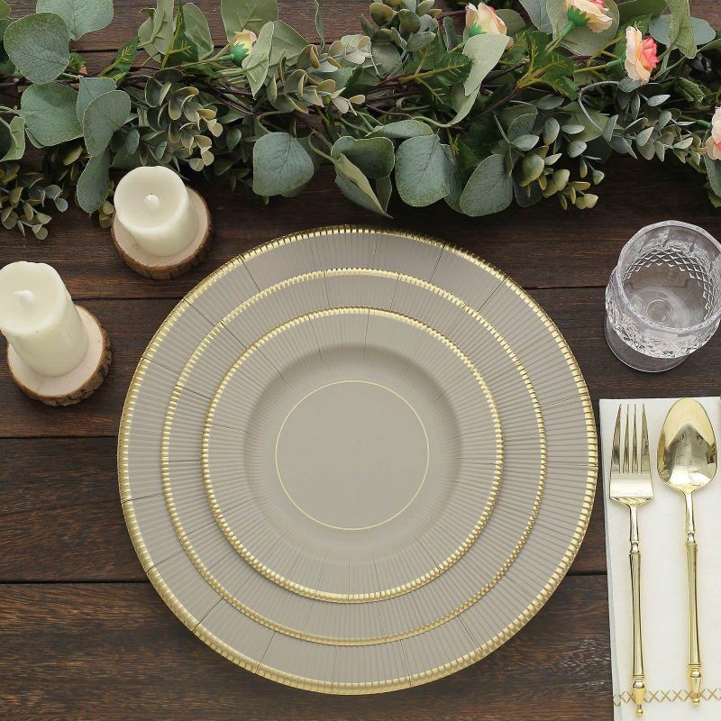 25 Pack Taupe Gold Rim Sunray Heavy Duty Paper Dinner Plates, Disposable Party Plates 350 GSM 10″  |   Eco-Friendly & Paper Plates Disposable Plates Eco-Friendly & Paper Plates