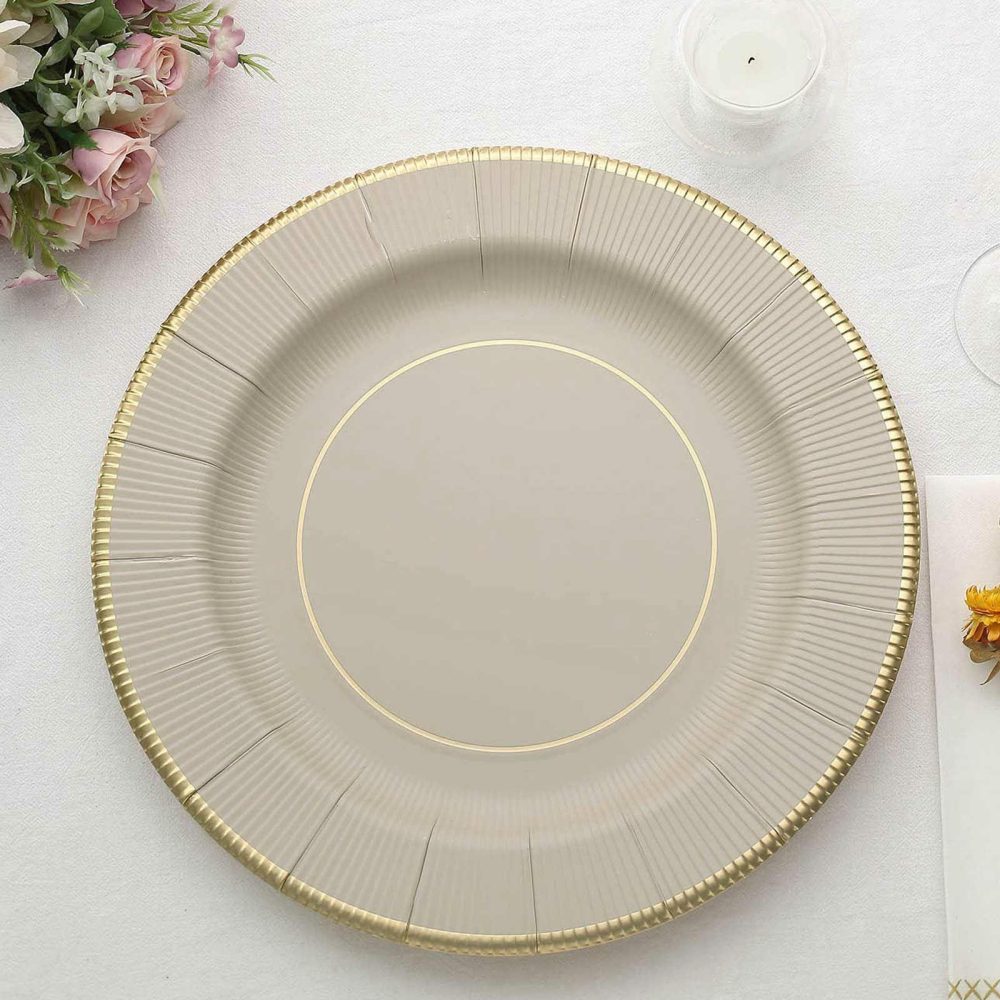 25 Pack Taupe Gold Rim Sunray Heavy Duty Paper Serving Plates, Disposable Charger Plates 350 GSM 13″  |   Eco-Friendly & Paper Plates Disposable Plates Eco-Friendly & Paper Plates