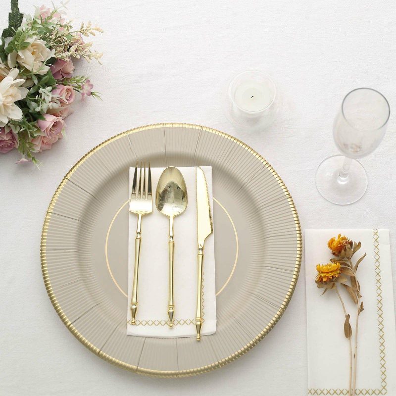 25 Pack Taupe Gold Rim Sunray Heavy Duty Paper Serving Plates, Disposable Charger Plates 350 GSM 13″  |   Eco-Friendly & Paper Plates Disposable Plates Eco-Friendly & Paper Plates