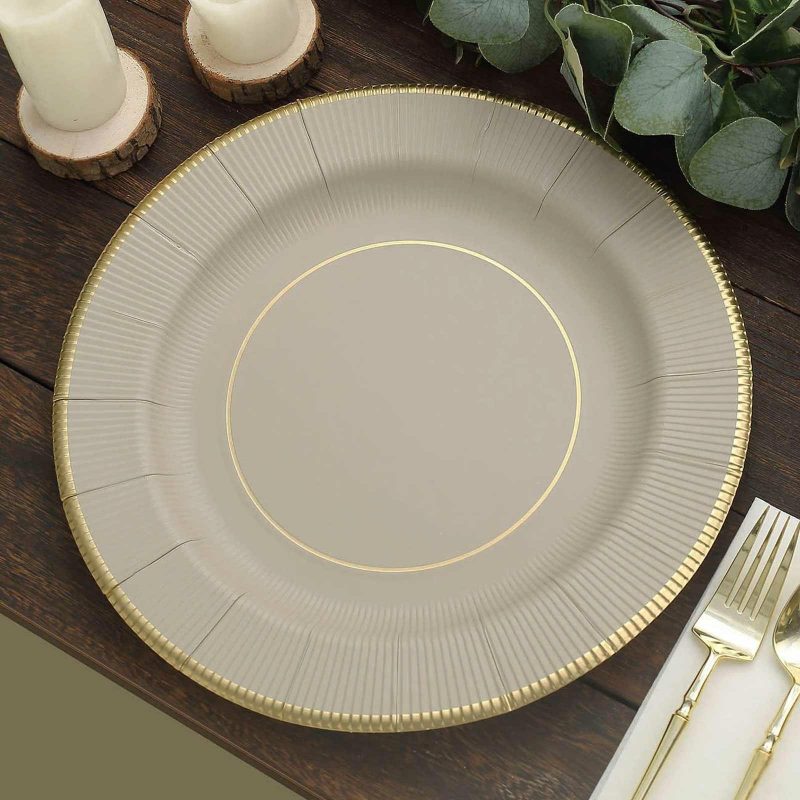 25 Pack Taupe Gold Rim Sunray Heavy Duty Paper Serving Plates, Disposable Charger Plates 350 GSM 13″  |   Eco-Friendly & Paper Plates Disposable Plates Eco-Friendly & Paper Plates