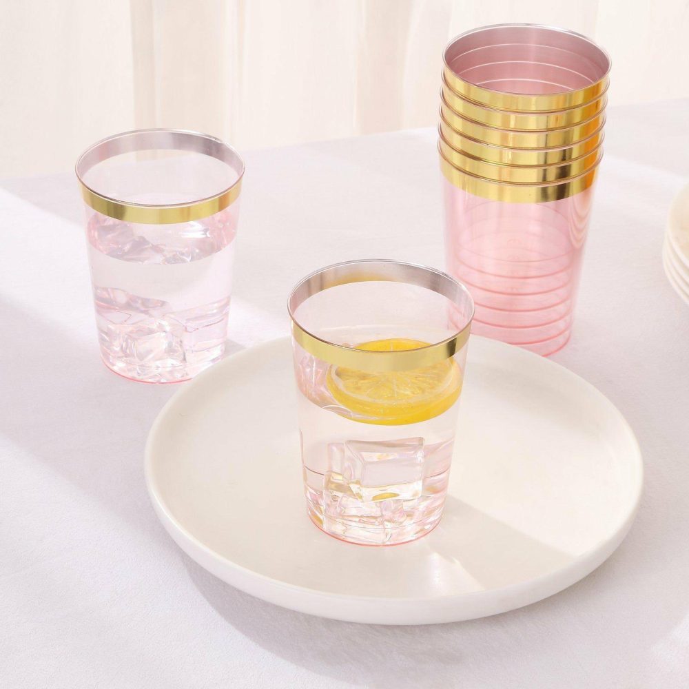 25 Pack Transparent Blush Crystal Plastic Tumbler Drink Glasses With Gold Rim, Disposable Party Cups 10oz  |   All Purpose Glasses & Tumblers All Purpose Glasses & Tumblers All Purpose Glasses & Tumblers