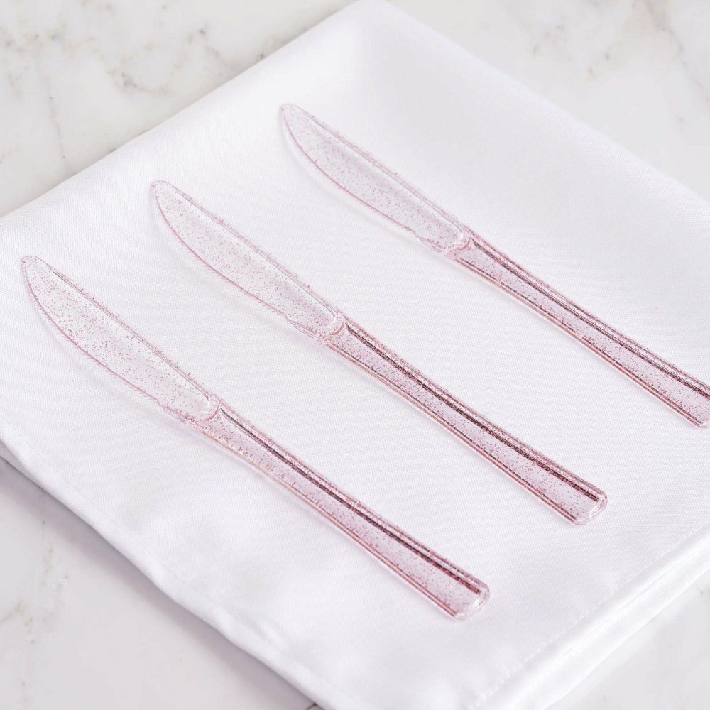 25 Pack Transparent Blush Glitter Classic Heavy Duty Plastic Knives, Sparkly Disposable Utensils 7″  |   Cutlery Cutlery Cutlery