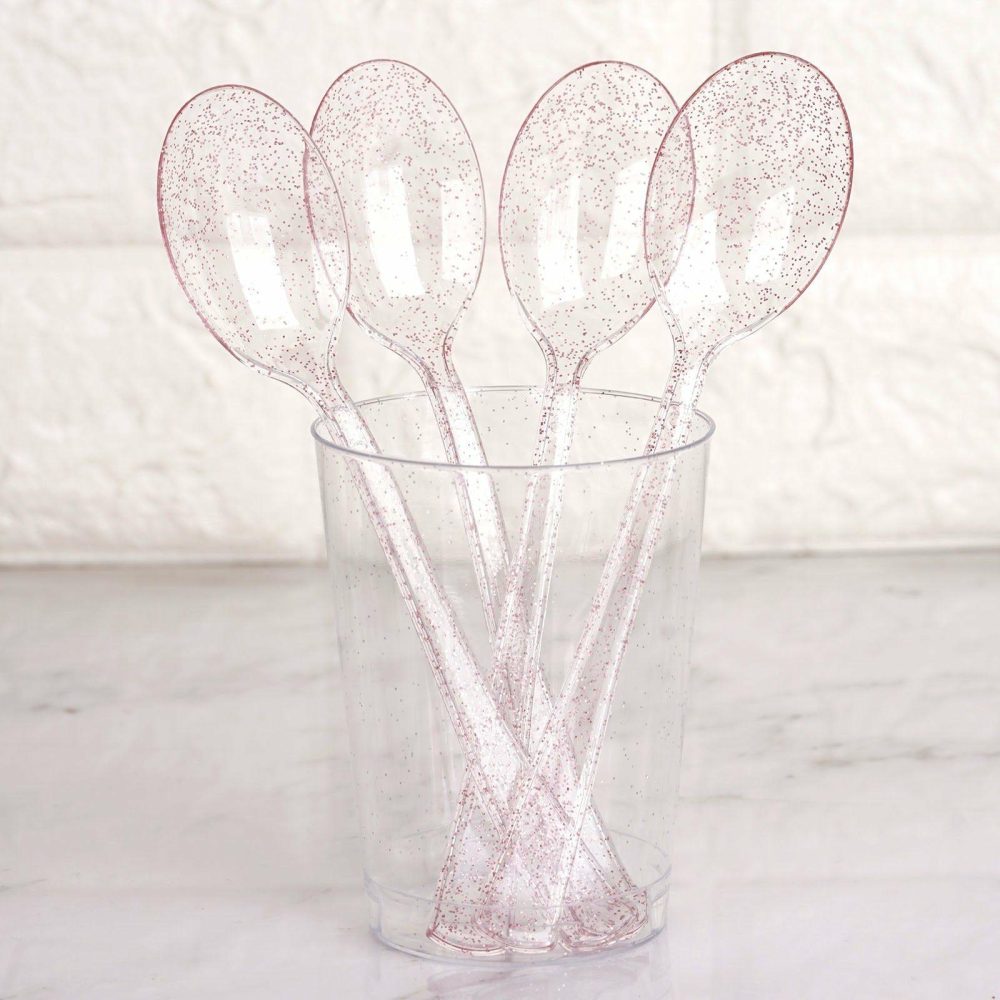 25 Pack Transparent Blush Glitter Classic Heavy Duty Plastic Spoons, Sparkly Disposable Utensils 7″  |   Cutlery Cutlery Cutlery